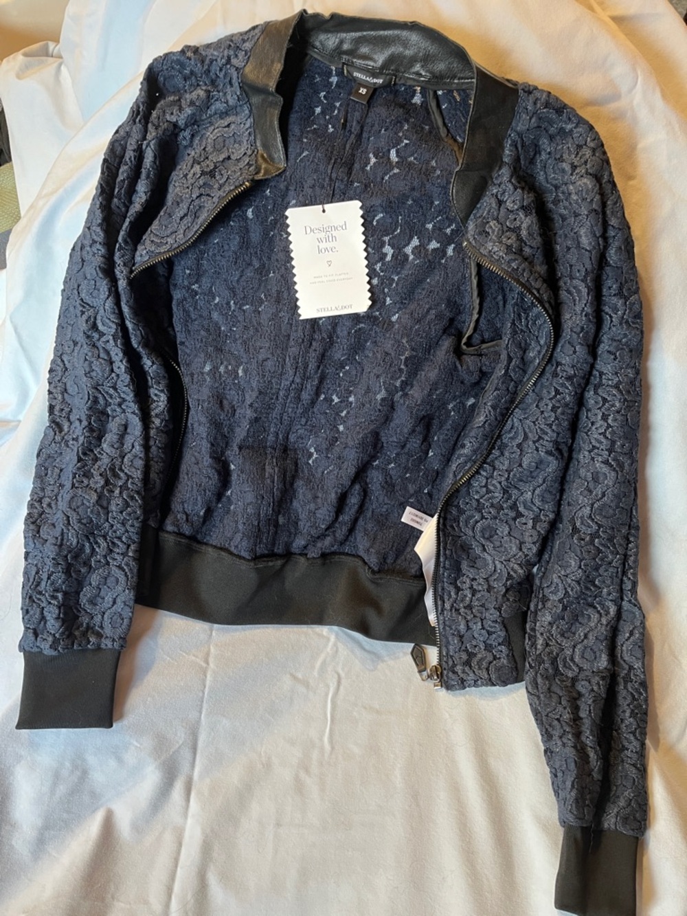 Stella & Dot Navy Lace Bomber Jacket with Faux-Leather Trim